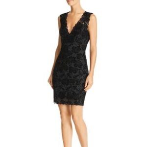 Guess Black Floral Lace Mini Dress M medium midi sheer lined bodycon v neck chic